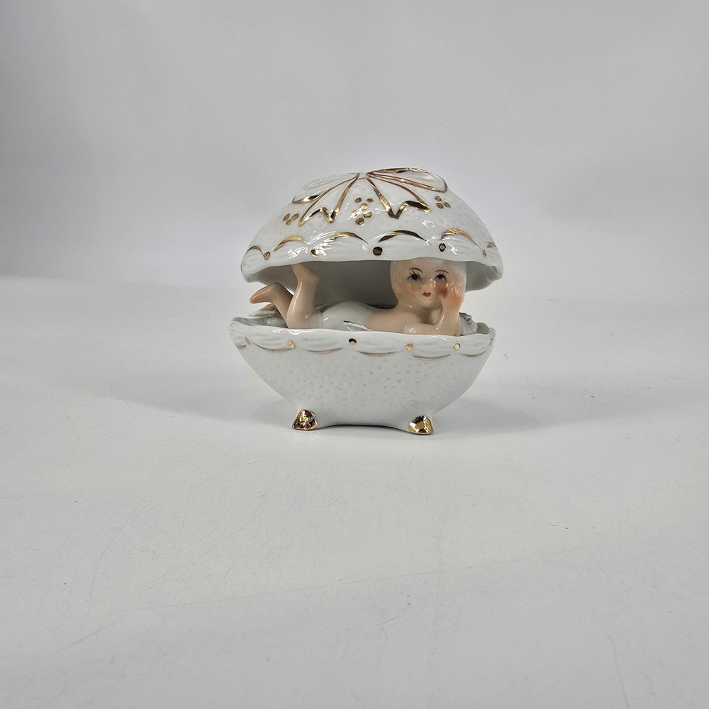 Vintage Korean Porcelain Pixie Shell Figurine Gold Hollywood Regency Boudoir